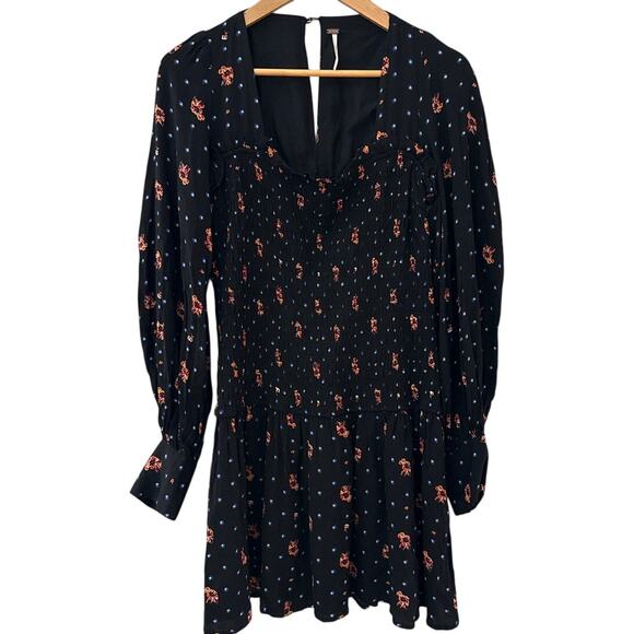 Free‎ People Two Faces Smocked Printed Mini Dress Black Combo Size Large - Picture 4 of 12
